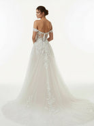 A - line Lace Beach Wedding Dress with Off Shoulder Tulle Appliques - KissProm