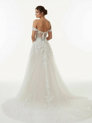 A - line Lace Beach Wedding Dress with Off Shoulder Tulle Appliques - KissProm