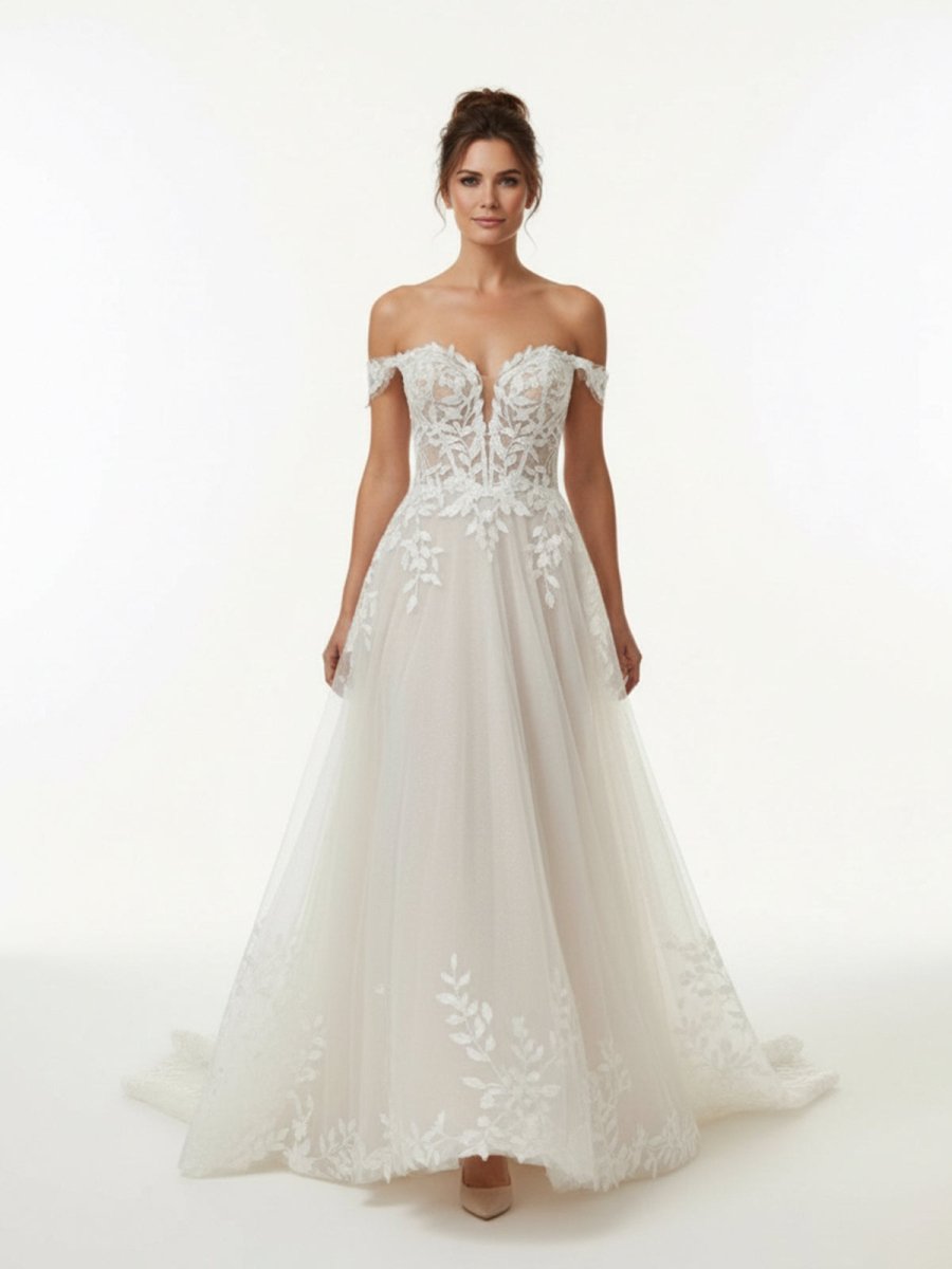 A - line Lace Beach Wedding Dress with Off Shoulder Tulle Appliques - KissProm
