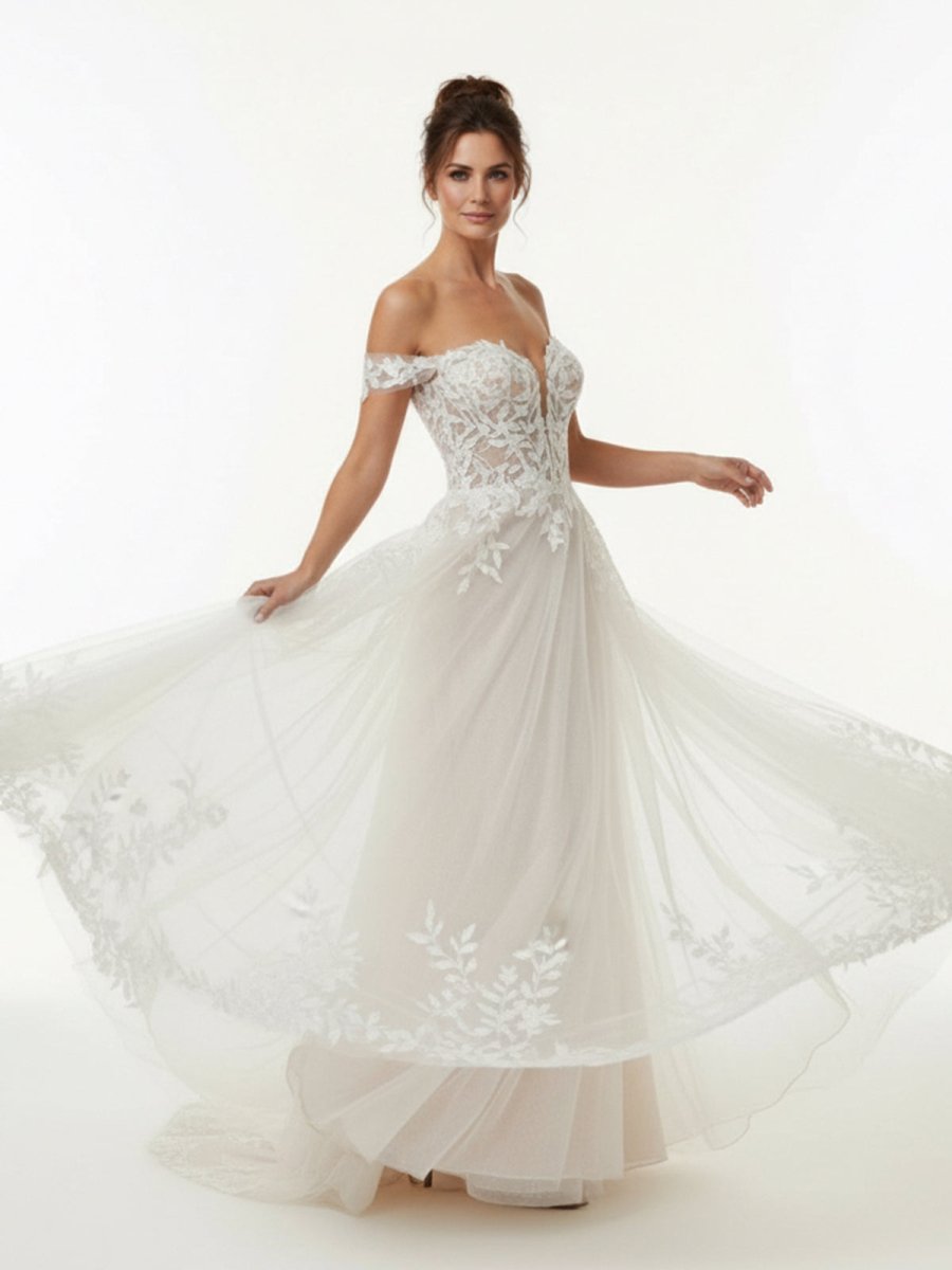 A - line Lace Beach Wedding Dress with Off Shoulder Tulle Appliques - KissProm