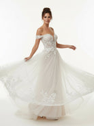 A - line Lace Beach Wedding Dress with Off Shoulder Tulle Appliques - KissProm