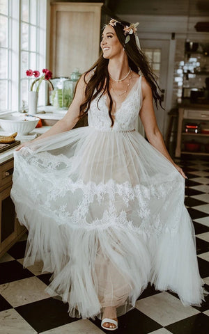 A-Line Lace Bohemian V-neck Wedding Dress With Low-V Back And Appliques