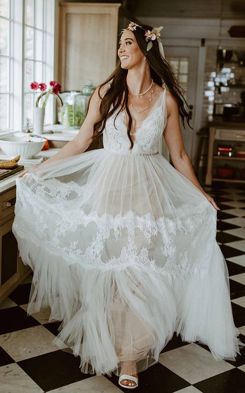 A-Line Lace Bohemian V-neck Wedding Dress With Low-V Back And Appliques