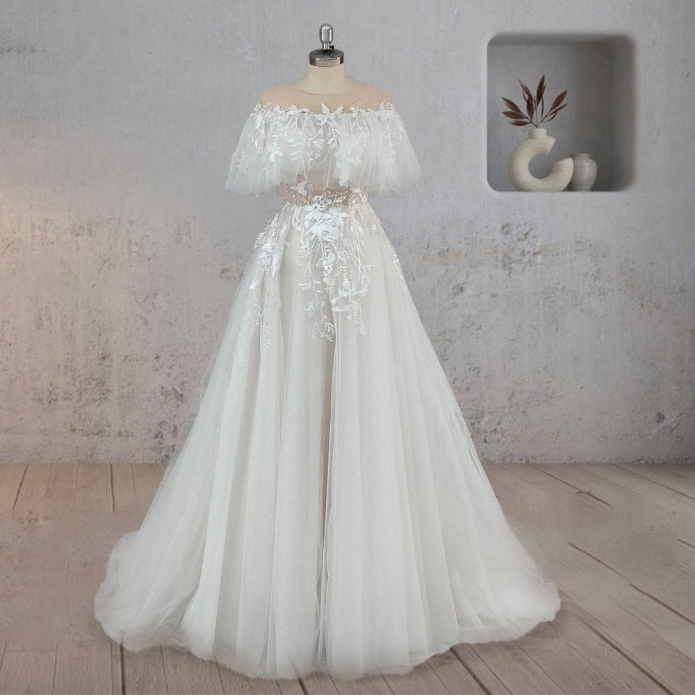 A-Line Lace Button Covered Back Tulle Wedding Dress