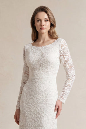A - Line Lace Long Sleeves Wedding Dress - KissProm Wedding Dresses
