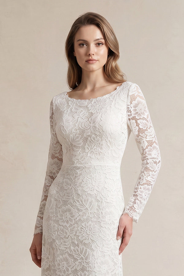 A - Line Lace Long Sleeves Wedding Dress - KissProm Wedding Dresses