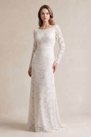 A - Line Lace Long Sleeves Wedding Dress - KissProm Wedding Dresses