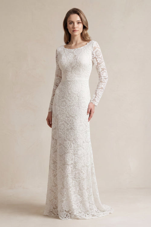 A - Line Lace Long Sleeves Wedding Dress - KissProm Wedding Dresses