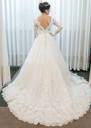 A - line Lace Long Sleeves Wedding Dress Chapel Train - KissProm