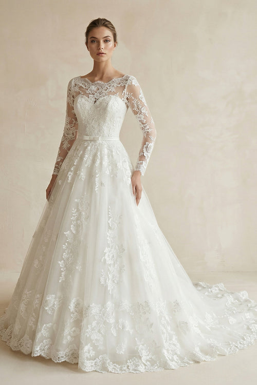 A Line Lace Long Sleeves Wedding Dress With Bow in Ivory - KissProm Wedding Dresses