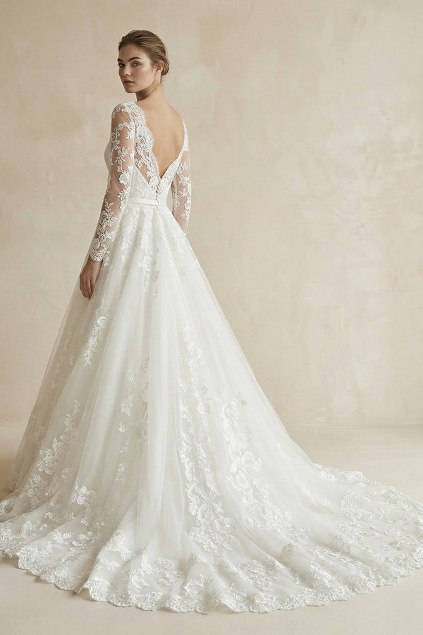 A Line Lace Long Sleeves Wedding Dress With Bow in Ivory - KissProm Wedding Dresses