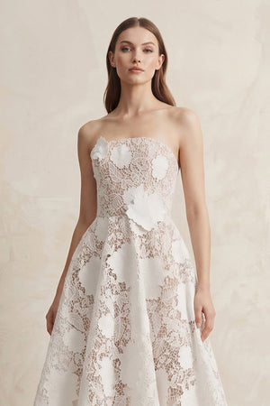 A - Line Lace Midi Strapless Ruched Wedding Dress in White - KissProm Wedding Dresses