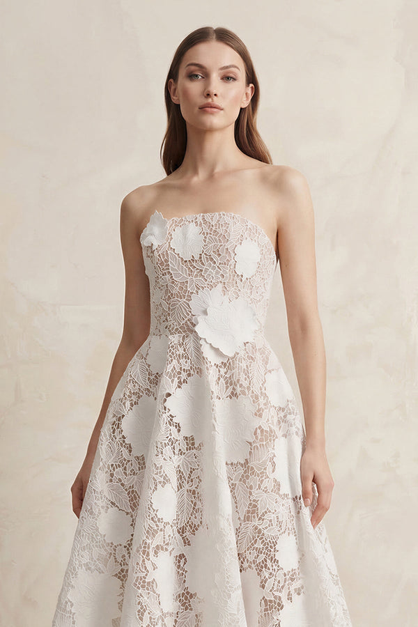 A - Line Lace Midi Strapless Ruched Wedding Dress in White - KissProm Wedding Dresses