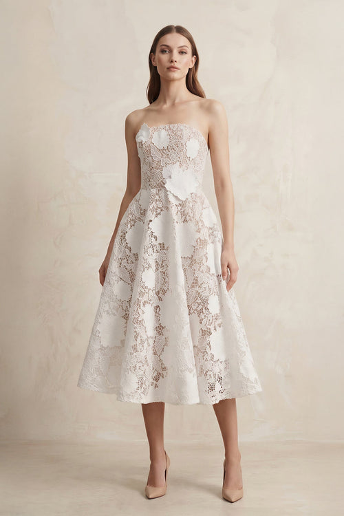 A - Line Lace Midi Strapless Ruched Wedding Dress in White - KissProm Wedding Dresses