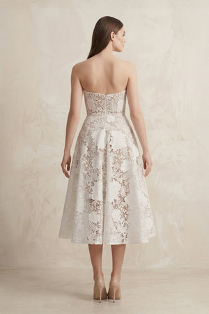 A - Line Lace Midi Strapless Ruched Wedding Dress in White - KissProm Wedding Dresses