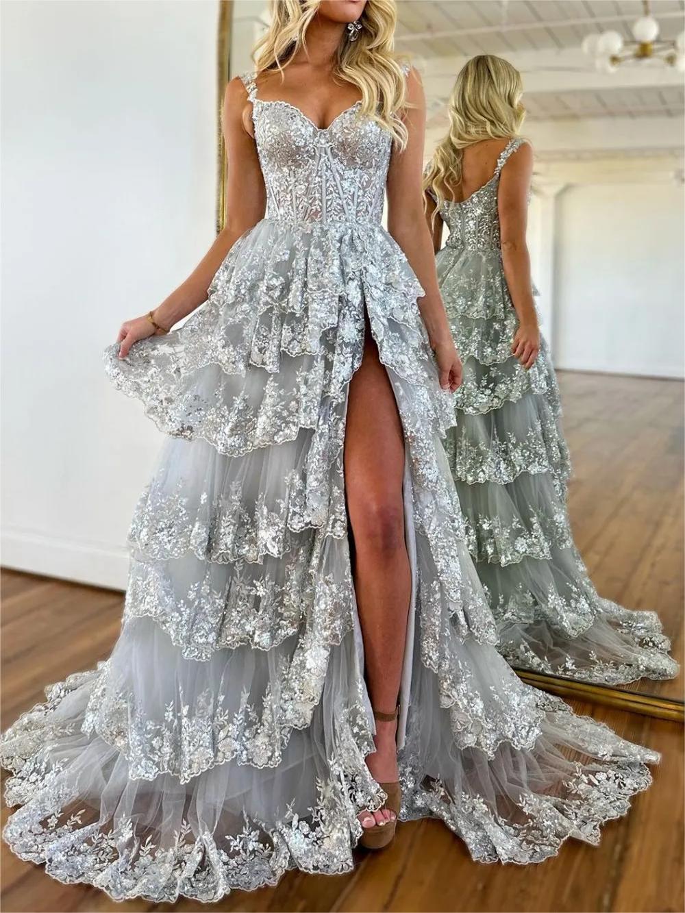 Capri | A-Line Lace Off-the-Shoulder Tiered Long Prom Dress with Slit