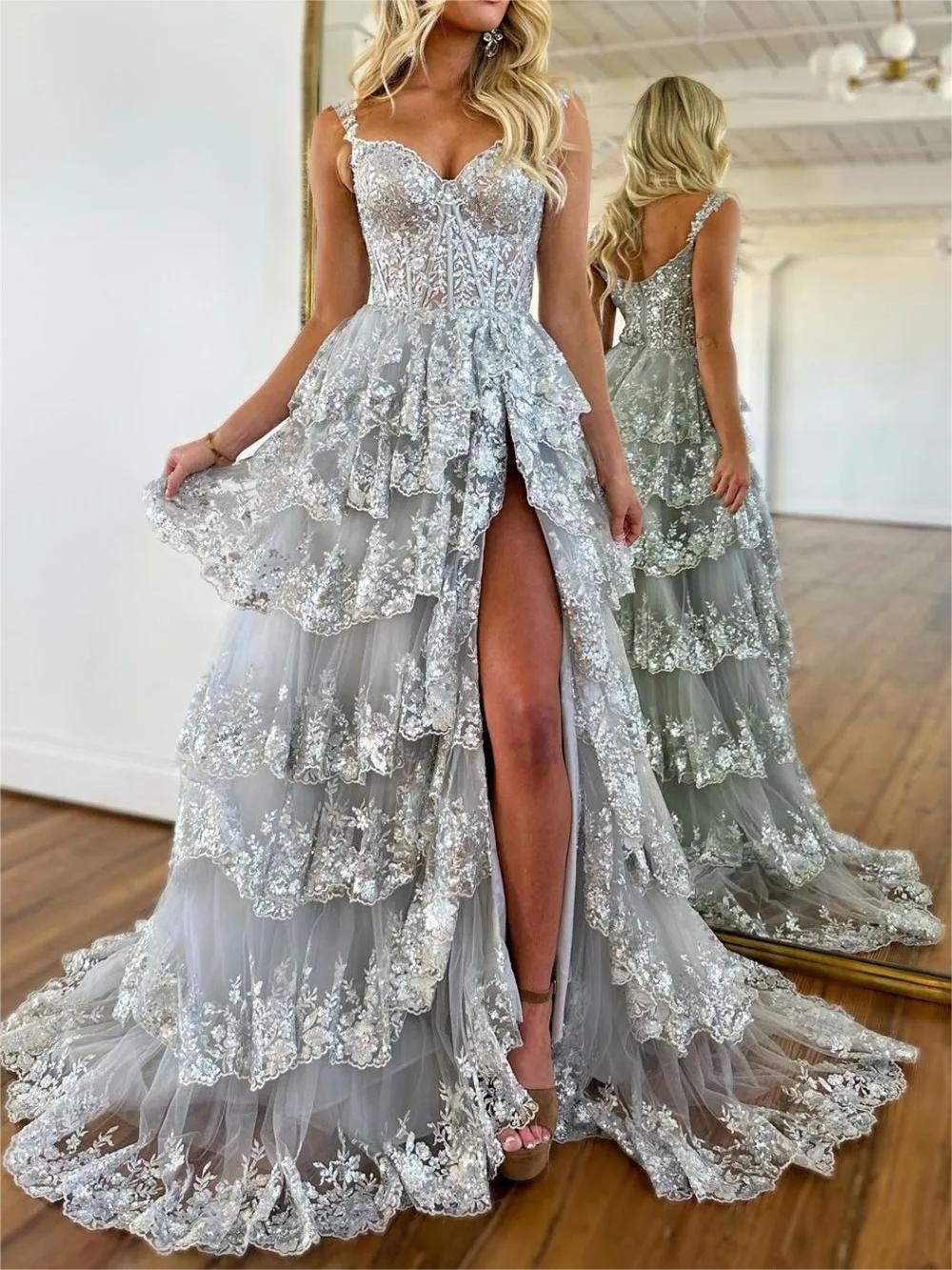 Silver Princess A Line Off the Shoulder Corset Prom Dress with Lace Ru