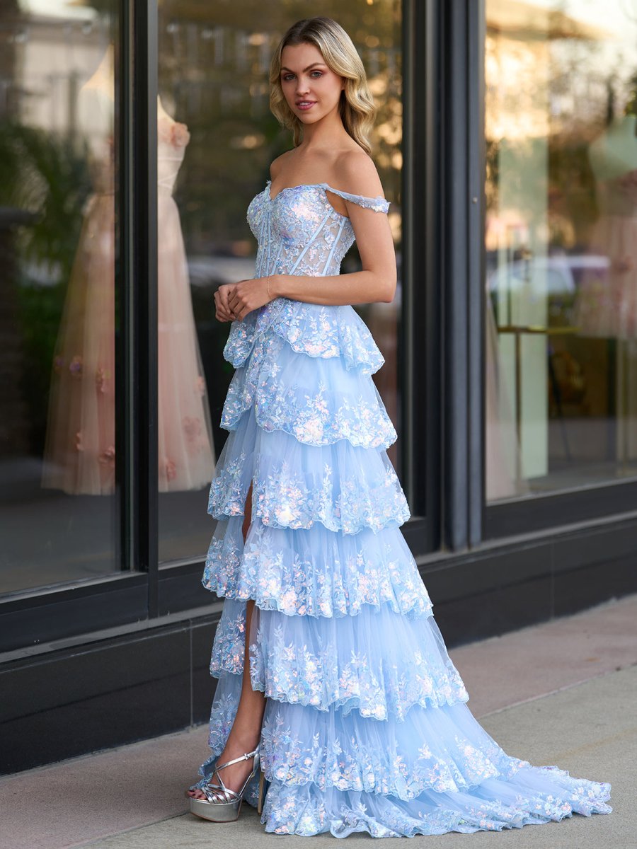 KissProm A-Line Lace Off-the-Shoulder Tiered Long Prom Dress with Slit, Blue / 8