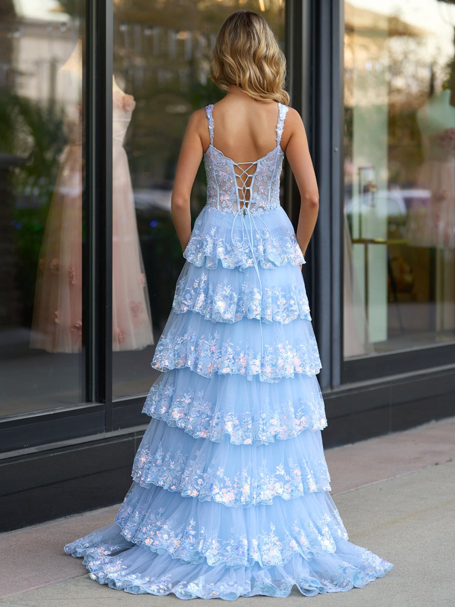 Princess A Line Off The Shoulder Corset Prom Dress with Lace Ruffles Blue / 10 Princess A Line Off The Shoulder Corset Prom Dress with Lace Ruffles Blue / 10