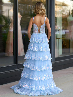 A-Line Lace Off-the-Shoulder Tiered Long Prom Dress with Slit – Prom Dress by KissProm | Available at KissProm