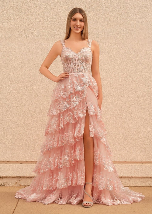 Capri | A-Line Lace Off-the-Shoulder Tiered Long Prom Dress with Slit