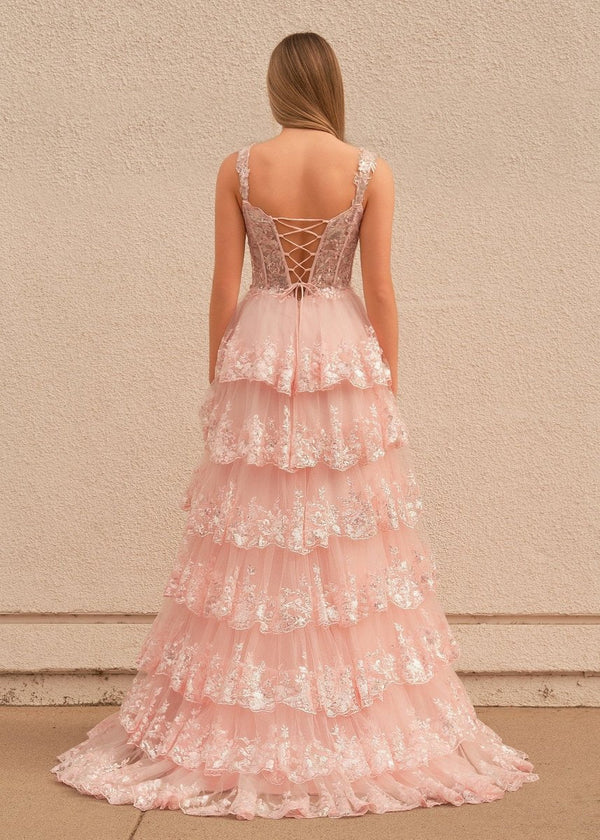 pink and white prom dresses Pink Princess A Line Spaghetti Straps Corset Prom Dress with Lace Ruffles, Pink / 16