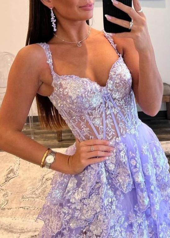 A-Line Lace Off-The-Shoulder Tiered Long Prom Dress with Slit Red / Custom Size