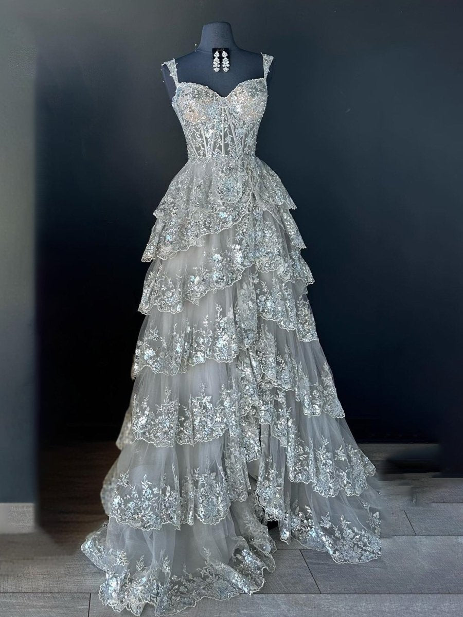 Capri | A-Line Lace Off-the-Shoulder Tiered Long Prom Dress with Slit