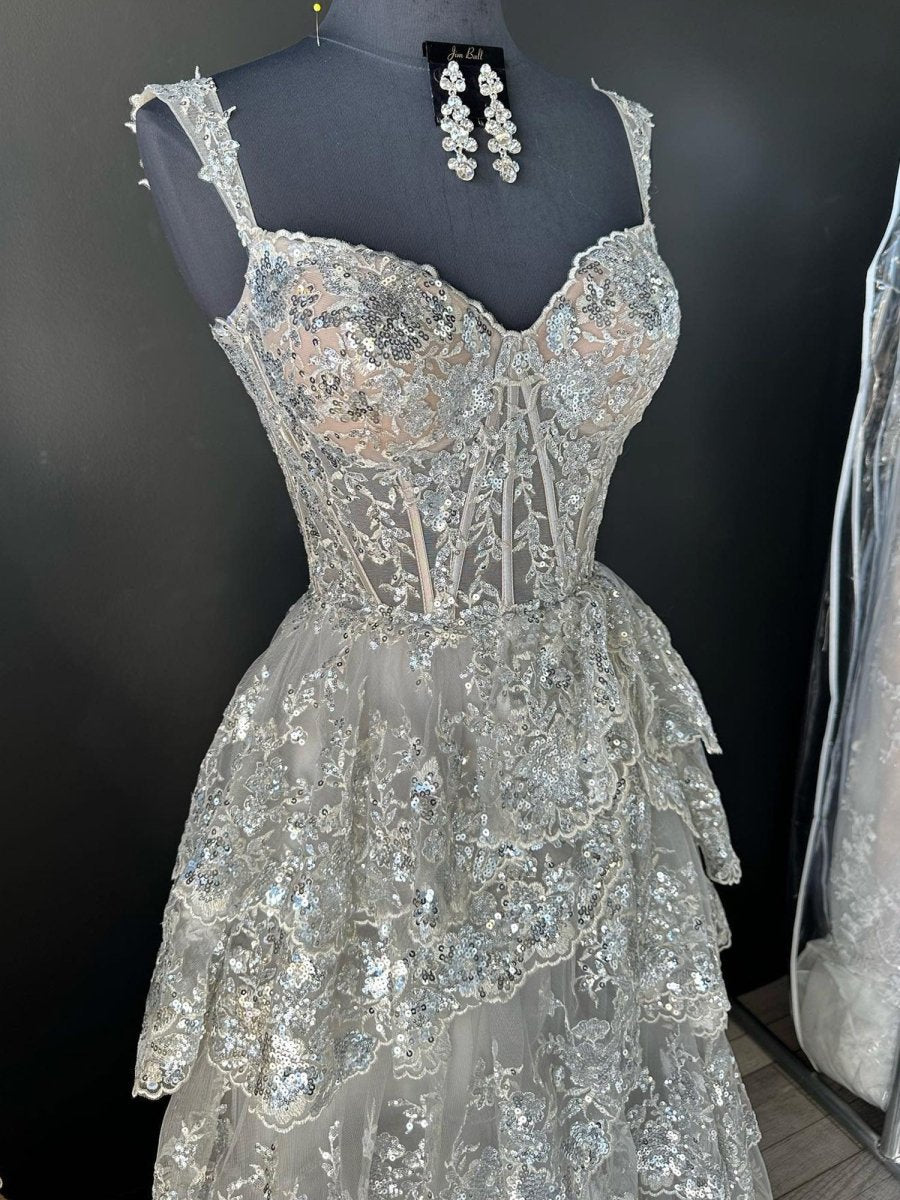 Capri | A-Line Lace Off-the-Shoulder Tiered Long Prom Dress with Slit