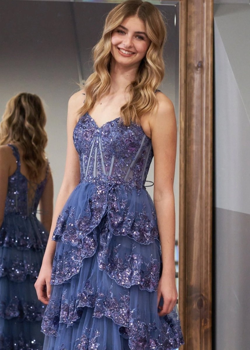 Capri | A-Line Lace Off-the-Shoulder Tiered Long Prom Dress with Slit