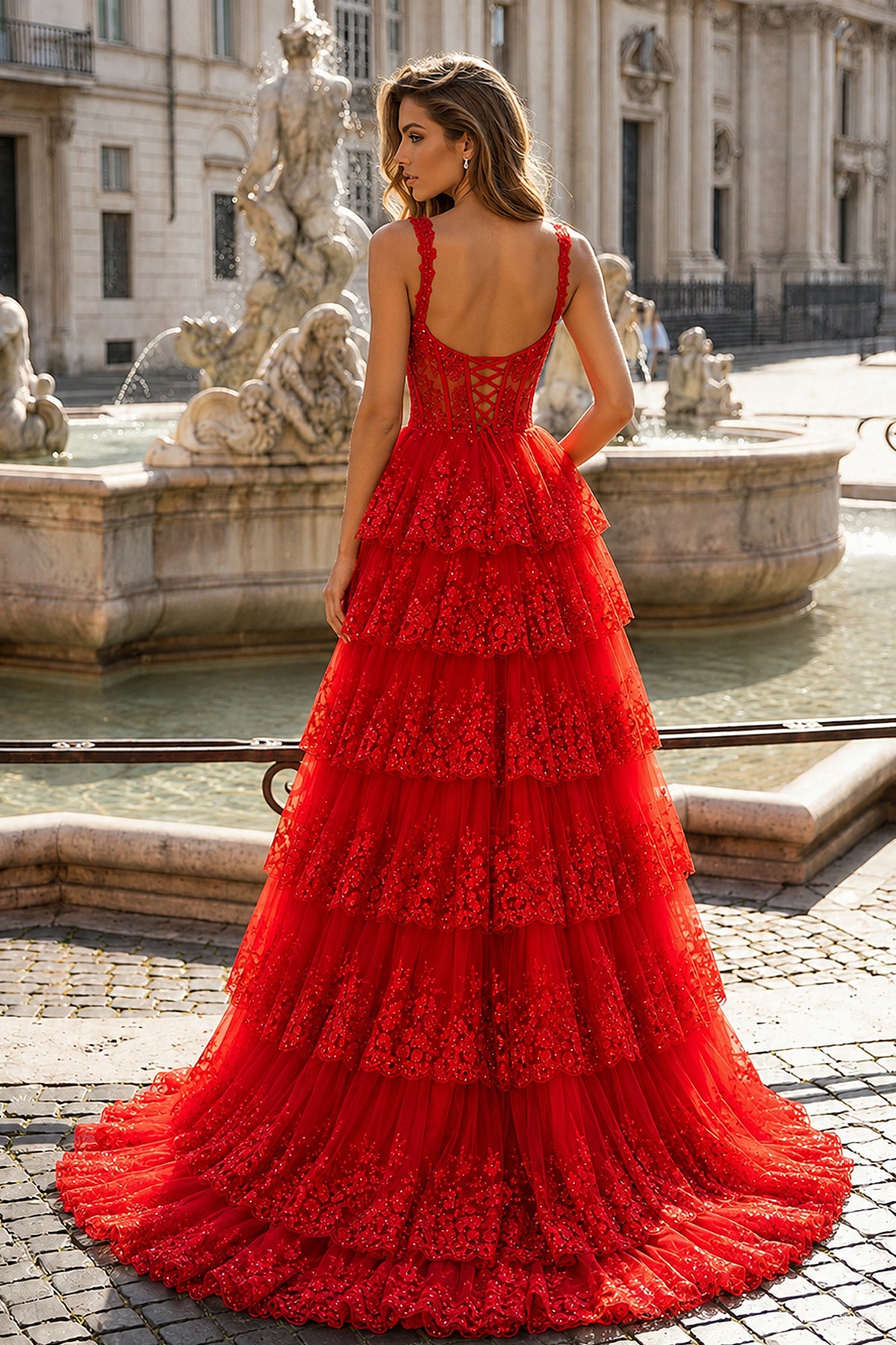KissProm A-Line Lace Off-the-Shoulder Tiered Long Prom Dress with Slit, Red / 0