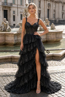 A-Line Lace Off-the-Shoulder Tiered Long Prom Dress with Slit – Prom Dress by KissProm | Available at KissProm