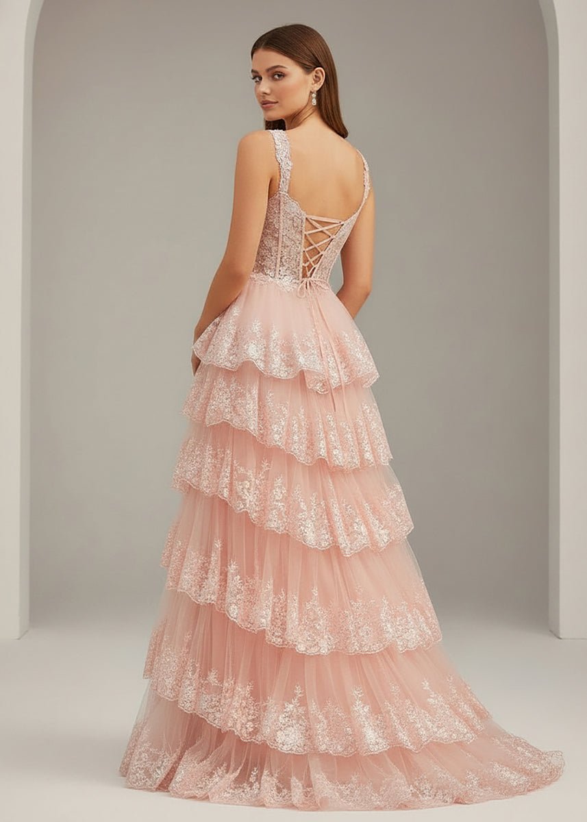 Capri | A - Line Lace Off - the - Shoulder Tiered Long Prom Dress with Slit - KissProm