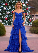 A-Line Lace Off-the-Shoulder Tiered Long Prom Dress with Slit – Prom Dress by KissProm | Available at KissProm