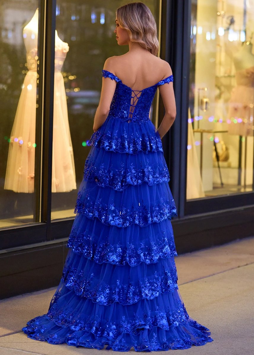Capri | A-Line Lace Off-the-Shoulder Tiered Long Prom Dress with Slit