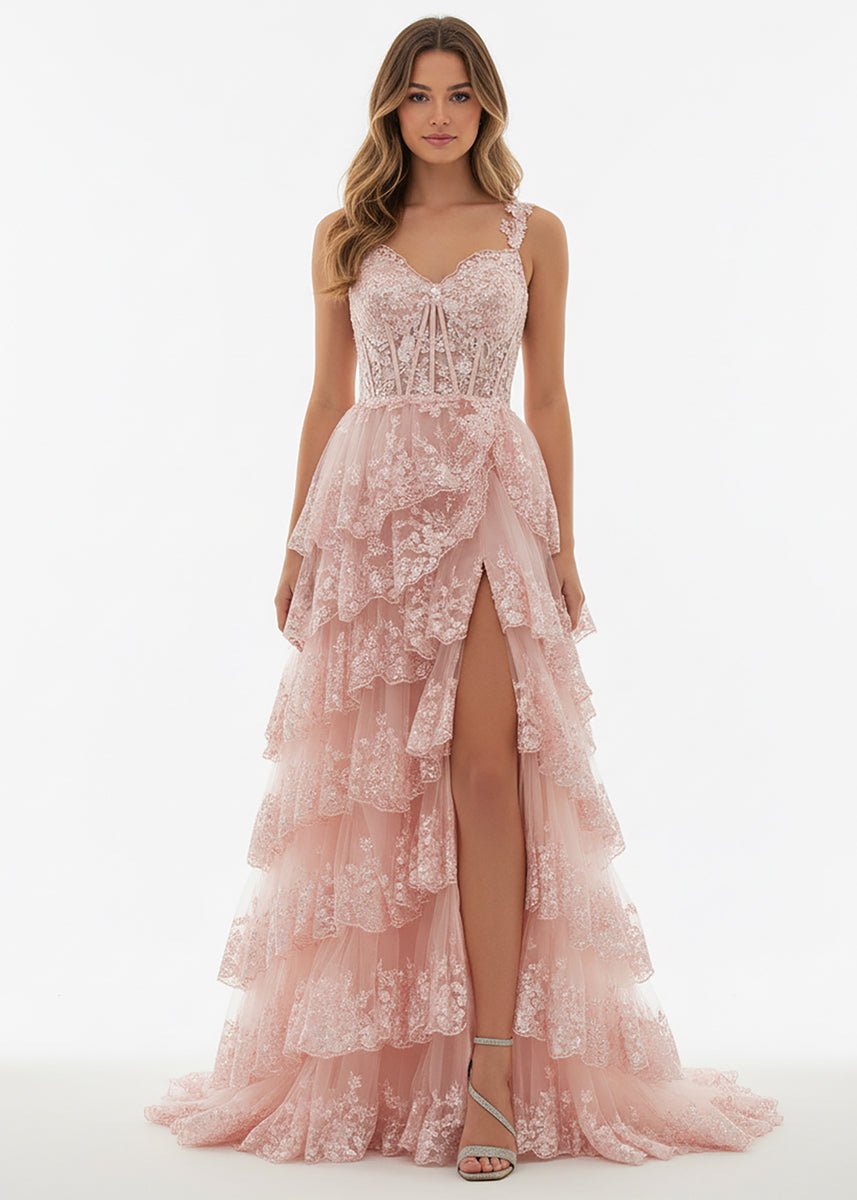 Capri | A - Line Lace Off - the - Shoulder Tiered Long Prom Dress with Slit - KissProm