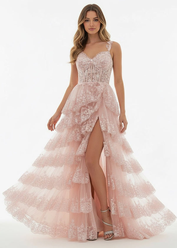 A-Line Lace Off-the-Shoulder Tiered Long Prom Dress with Slit