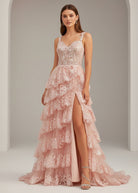 Capri | A - Line Lace Off - the - Shoulder Tiered Long Prom Dress with Slit - KissProm