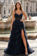 A-Line Lace Off-the-Shoulder Tiered Long Prom Dress with Slit – Prom Dress by KissProm | Available at KissProm