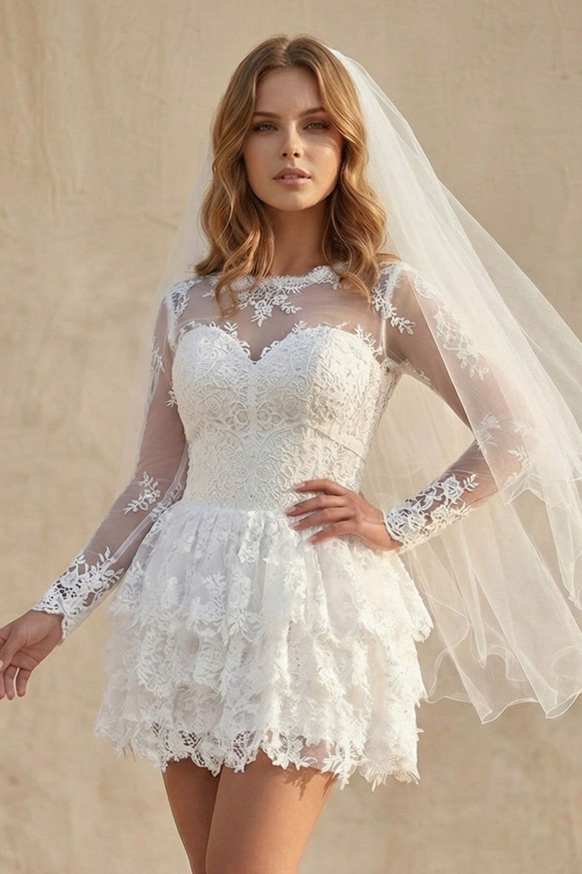 A-Line Illusion Neck Lace Applique Long Sleeves Short-Mini Wedding Dresses, Diamond White / 8 A-Line Illusion Neck Lace Applique Long Sleeves Short-Mini Wedding Dresses, Diamond White / 8