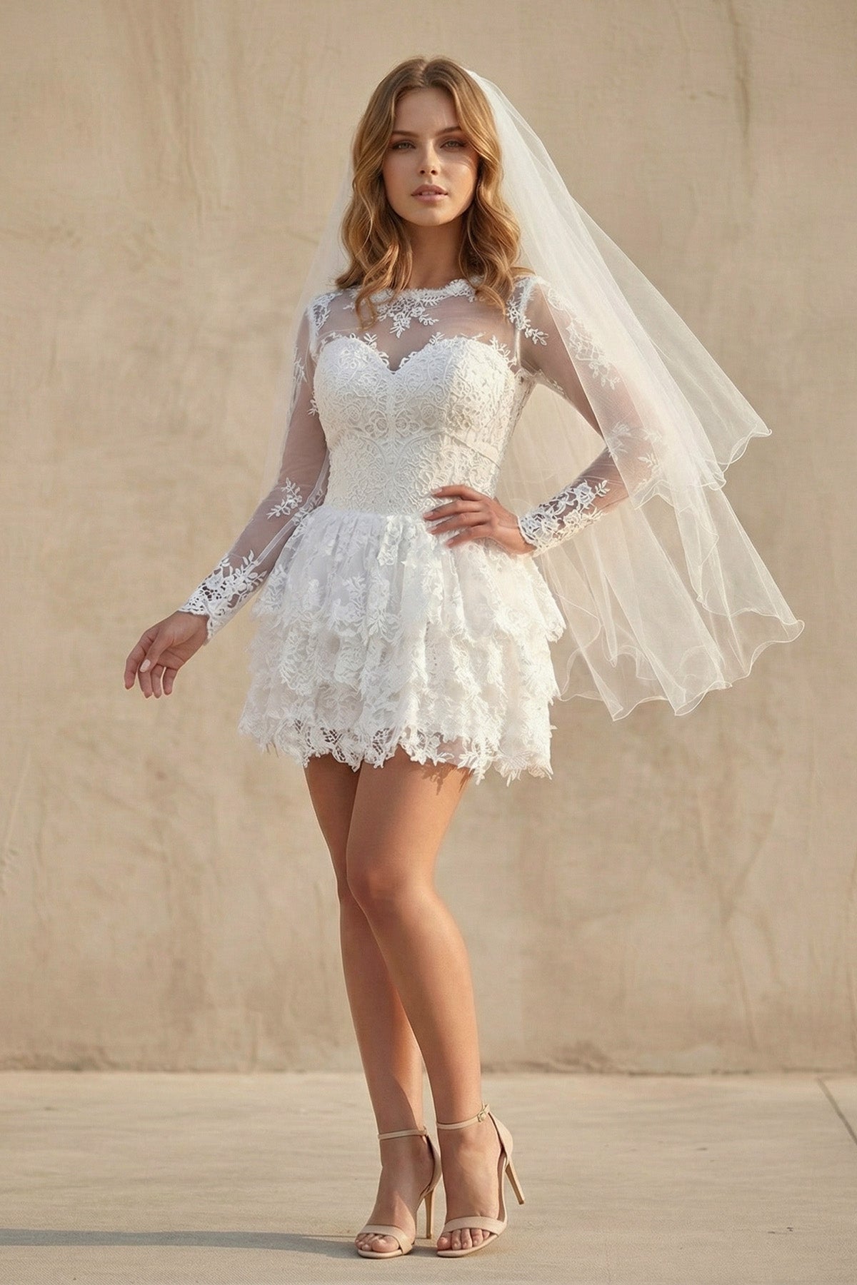 KissProm A-Line Illusion Neck Lace Applique Long Sleeves Short-Mini Wedding Dresses, Diamond White / 8