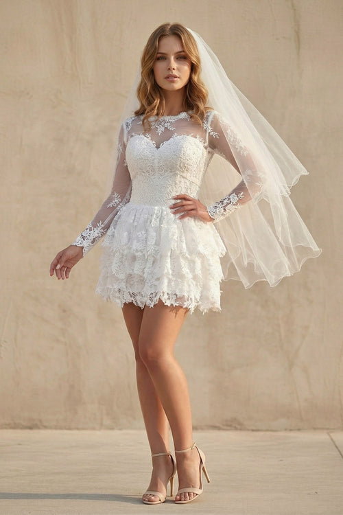 Fiorella | A-Line Scoop Lace Applique Long Sleeves Short-Mini Wedding Dresses