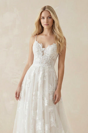 A - Line Lace Spaghetti - Strap Wedding Dress in Ivory - KissProm Wedding Dresses