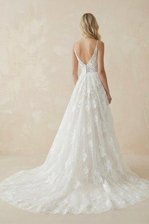 A - Line Lace Spaghetti - Strap Wedding Dress in Ivory - KissProm Wedding Dresses
