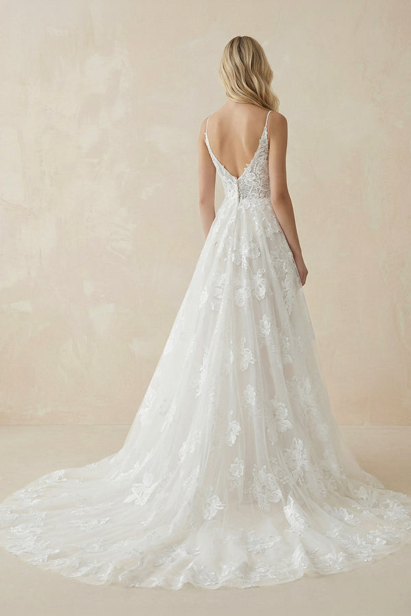 A - Line Lace Spaghetti - Strap Wedding Dress in Ivory - KissProm Wedding Dresses