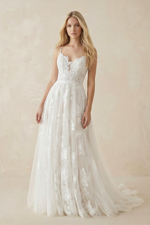 A - Line Lace Spaghetti - Strap Wedding Dress in Ivory - KissProm Wedding Dresses