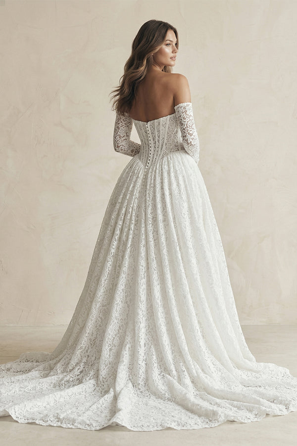 A - Line Lace Strapless Appliqued Wedding Dress in White - KissProm Wedding Dresses
