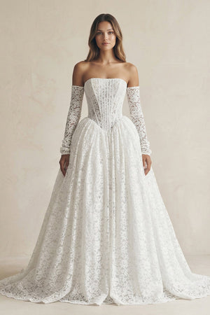 A - Line Lace Strapless Appliqued Wedding Dress in White - KissProm Wedding Dresses