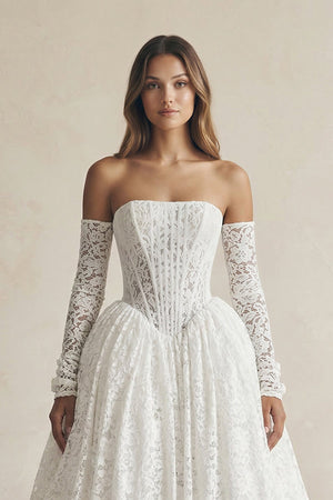 A - Line Lace Strapless Appliqued Wedding Dress in White - KissProm Wedding Dresses