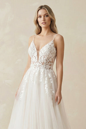A Line Lace Tulle V - neck Sleeveless Wedding Dress in Ivory - KissProm Wedding Dresses